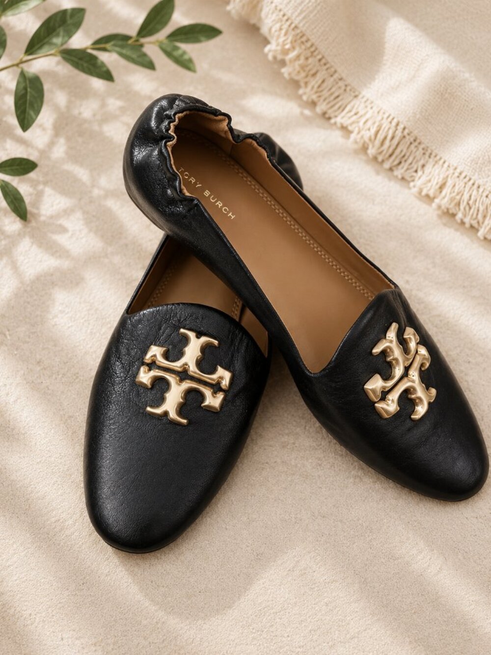 Tory Burch Black Leather Flats with Gold Logo